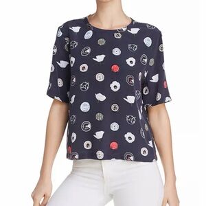 Equipment Silk Black Short Sleeve Tee with White Floral & Red Motif